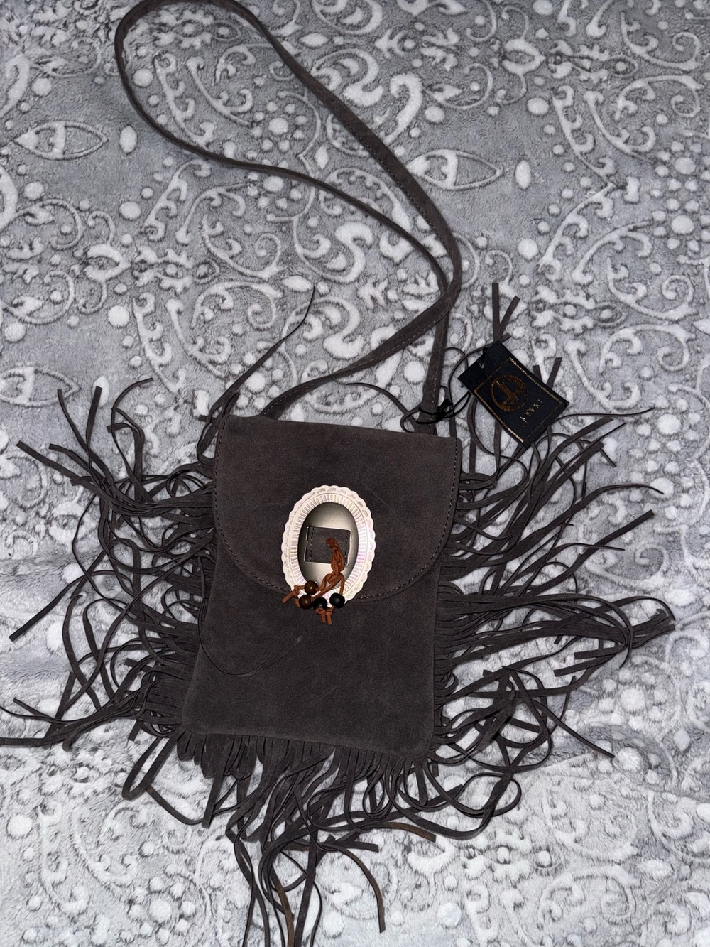 Jorine Gray Suede Fringe Crossbody Bag Western Boho Concho NWT